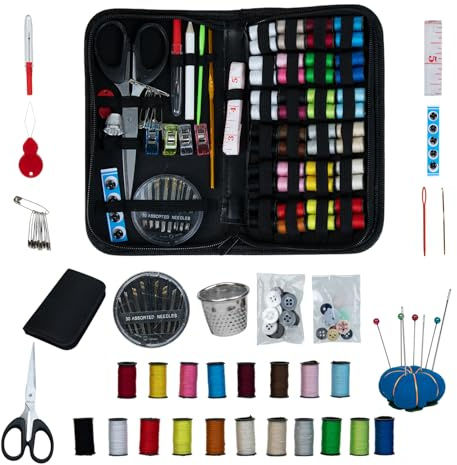 Kit de costura para adultos, kit de hilo de aguja para costura, accesorios de suministros de costura con tijeras de sastre, carretes de hilo, cojines de pulsera, dedal, 30 agujas, kit de reparación de