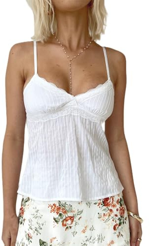 LYSINK Women Y2k Cami Tops Lace Trim Sexy V Neck Spaghetti Straps Crop Camisole Summer Tank Top for Party Streetwear (Ba White, M)