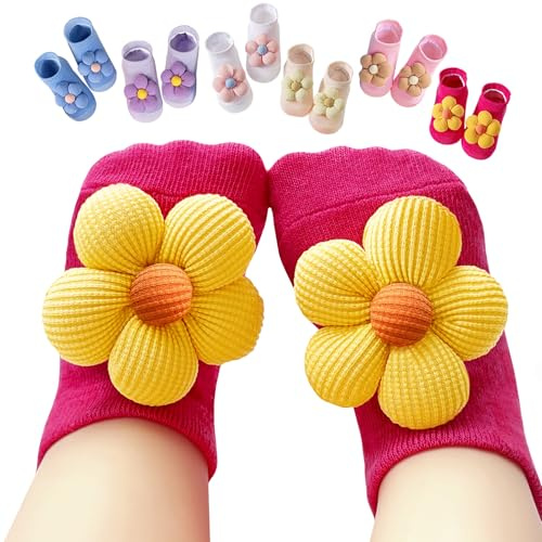 Aroveea Medias Bebés y Niñas Pequeñas, 6 Pares Antideslizantes, Algodón con Flor, Tobilleras Bonitas, 0-6 Meses