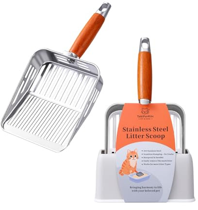 TabifurKitc Rustproof & Unbreakable 304 Stainless Steel Metal Cat Litter Scoop with Holder Stand, One-Piece Pressed Design with No Welds, Easy Bottom Scooping, Reinforced Anti-Break Handle
