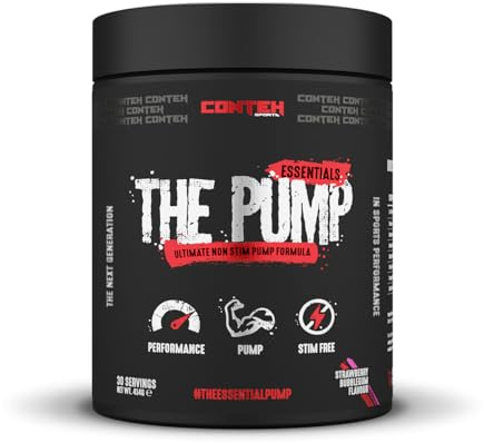 The Pump - Polvere pre-allenamento senza stimolanti, gamma Essentials, formula intensa, 30 porzioni, aromi di bacche, ciliegia e fragola (taglia unica, gomma da masticare alla fragola)