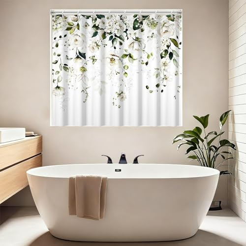 Short Shower Curtain, White Floral Green Eucalyptus Leaves Shower Curtain for Walkin Tub or Step in Tub, Watercolor Plant Vines Flower Waterproof Fabric Shower Curtains with Hooks 72x48 Inch