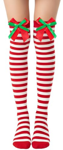 Geyoga Medias de Rayas de Navidad hasta el Muslo con Lazo para Mujer Disfraz Cosplay Fiesta (Rojo Blanco, Lazo Rojo Verde)