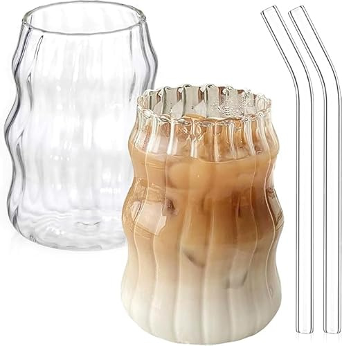 DENUOTOP 2 Pezzi Bicchieri con cannuccia, bicchieri da caffè da 530 ml, bicchiere per latte macchiato, bicchieri da bolla in vetro borosilicato per tazze da caffè, cappuccino, mojito, matcha, frappè