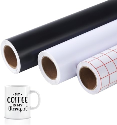 Kiuiom Pellicola per Plotter in Tessuto,Pellicola di Trasferimento in Poliuretano,Rotoli di Vinile Trasferimento Termico,Vinilo Adesivo per Regali Fai da Te,Tazza,Tessuti,3 Rotoli,30.5CM x 3M