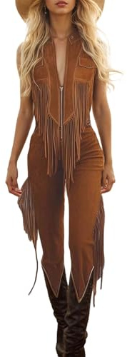 Celanisai Disfraz de vaquera para mujer, traje de vaquero, disfraz occidental, sexy, jazz, fiesta muerta, bodysuits con flecos, vintage, clásico, traje de cuerpo completo, retro, hippie, disfraz de