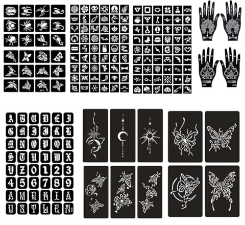 Stencil Tattoo, 281 pezzi, Tatuaggi Temporanei Stencils Adesivi Tatuaggio Realistico, set da 14 fogli per tatuaggi all'henné per donne, ragazze, adolescenti, per pittura su dita e corpo femminile