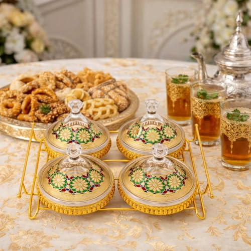Saharashop serveringsskålar, set med 4 tajine skålar, guldglas med lock, orientalisk bordsdekoration för snacks, nötter och dips, med gyllene serveringsfat