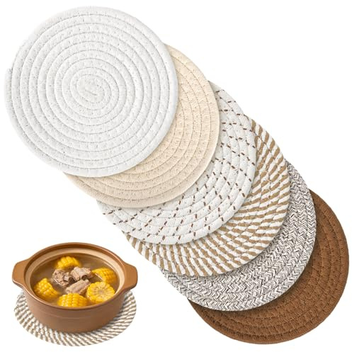 Junrvivy 6 Stück Topfuntersetzer Hitzebeständig Set - 18CM Untersetzer Topf aus Baumwolle Faden Weben Matte Isolierte Platzset Untersetzer Rund 18cm für Teller Küche Töpfe Pfanne