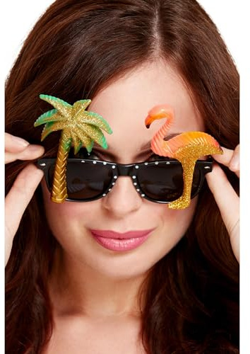 Smiffys Specs, Black with Flamingo and Palm Tree, Hawaiian Luau Fancy Dress, Hawaiian Dress Up Accessories Halloween