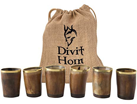 Divit Genuine Viking Drinking Horn Shot Glass | Set of 6 | Handcrafted and Polished Authentic Medieval Horn Shot Glass | 4.5 oz (130 ml) capacity of each Shot Glass horn Cup/Stein.