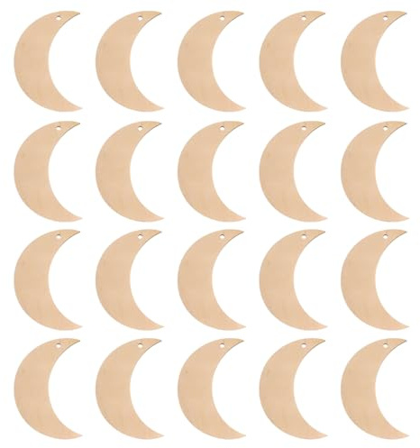 EXCEART 20 Pcs Moon Shape Wooden Slices 2.75X1.37 Inch Unfinished Wood Discs for DIY Crafts Hanging Ornaments Christmas Wedding Party Decorations