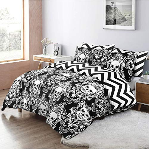 SeventhStitch Bettbezug-Set, 100 % Baumwolle, Fadenzahl 200, Halloween, Gothic, Totenkopf, schwarz, wendbar, Zickzack-Steppbezüge, Doppelbett, Kingsize-Bett (Super-King-Size-Bett)