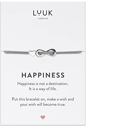 LUUK LIFESTYLE Freundschaftsarmband mit Infinity Anhänger und HAPPINESS Karte, Geschenk für Freundinnen, handgefertigt, modernes Modeaccessoire, Festival Look, Reise Glücksbringer, Silber