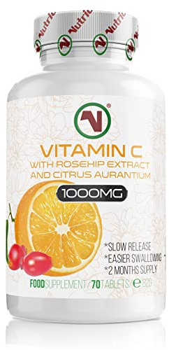 Nutriodol Vitamin C with Rosehip & Bioflavonoids Tablets x 70 | 1000mg Easy to Swallow Tablets | Slow Release | Contributes to The Normal Function of The Immune System.