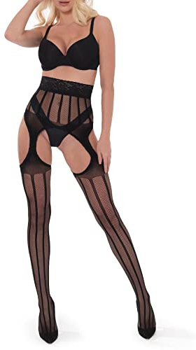 sesto senso Medias de malla con entrepierna abierta, con tirantes, patrones, 20 D y 60 denier, medias de red, Black-pattern06, L-XL