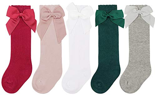 DRESHOW Knähöga Strumpor För Barnflickor Småbarn Klädsockor Baby Bow Stocking Bomullsstrumpor för Spädbarn