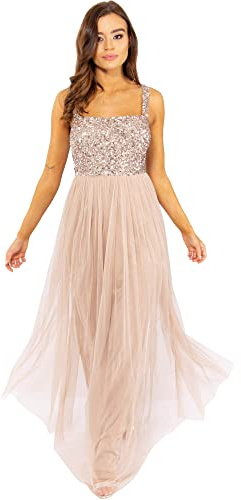 Maya Deluxe Dam aftonklänning maxi för bröllop breda remmar paljettdekoration bal brudtärna klänning Bridesmaid klänning, Taupe Blush, 56 SE