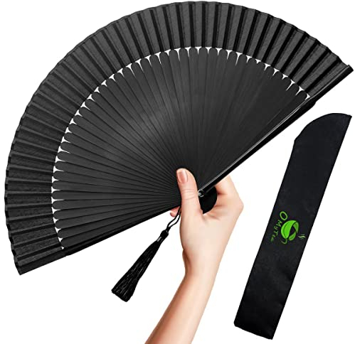 OMyTea Folding Hand Fan for Women - Foldable Chinese Japanese Vintage Bamboo Silk Fan - for Hot Flash, Church, Decoration, EDM, Music Festival, Dance, Party, Performance, Gift (Solid Sexy Black)