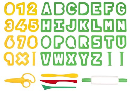 Jovi- Accesorios de modelaje, Herramientas de Corte Abecedario + números, A partir de 3 años, 1 Rodillo y 1 Tijeras Kit de moldes para plastilina, Multicolor