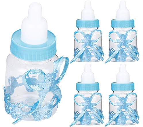 24 Stück Babyflasche für die Dusche, Mini-Plastik-Süßigkeitsflasche mit Fliege, schöne blaue befüllbare Flasche für Jungen und Mädchen, Neugeborene, Taufe, Geburtstag, Party-Dekoration