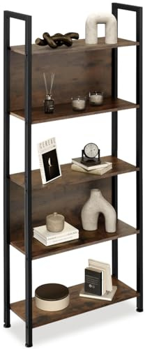 tectake® Étagère échelle à 5 Niveaux Dont Deux avec parois arrières, 62 x 24 x 165,5 cm, Bibliothèque Style Industriel, Meuble de Rangement Chambre Salon Bureau, Etagere Bibliotheque, Bois foncé
