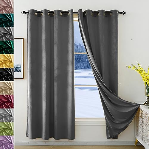 JRUI Cortinas Terciopelo 1 Piezas, Cortinas Salon con Ojales, Cortinas Termicas Aislantes Frio Y Calor 220 x 270 cm(AnchoxAlto), Blackout Curtains Aislamiento Acustico, para Salon, Gris Oscuro