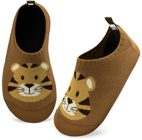 Kyopp Hausschuhe Kinder Junge Mädchen Pantoffeln Rutschfest Barfussschuhe Kindergarten Slippers für Atmungsaktive Weich Lauflernschuhe Kleinkinder Schuhe(Tiger-Curry 26/27EU)