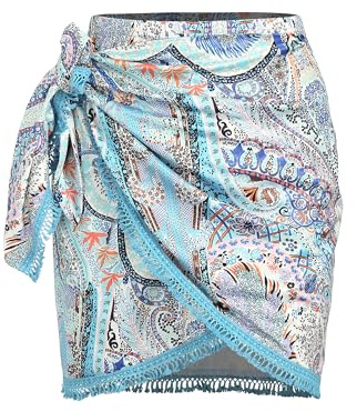 ZAFUL Slit Skirt for Women Ethnic Paisley Printed Tie Side Sarong-Style Bodycon Mini Short Skirt for Beach Night Out Party(Boho-Blue,M)