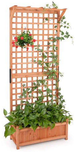 GOPLUS Pflanzkasten mit Rankgitter, Blumenkasten mit Ablauflöchern & Spalier, Gartenbeet Pflanzkübel Rankgitter Rankhilfe für Garten & Balkon (75 x 33 x 181 cm)