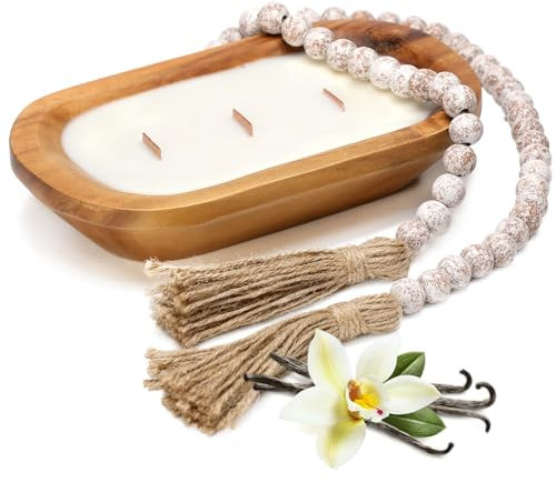 Wooden Bowl Candle 10 Inch, Soy Large Farmhouse Candle for Table, Vanilla Spice Scented, 3 Wood Wicks, Christmas Candle Gifts for Men & Women