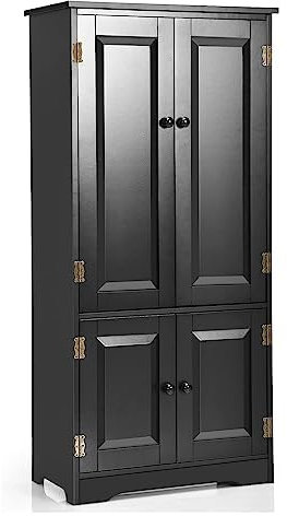 FANTASK Aufbewahrungsschrank Vintage, Flurschrank mit verstellbarem Regal, Badschrank Wäscheschrank Holz, Landhausstil, Schwarz