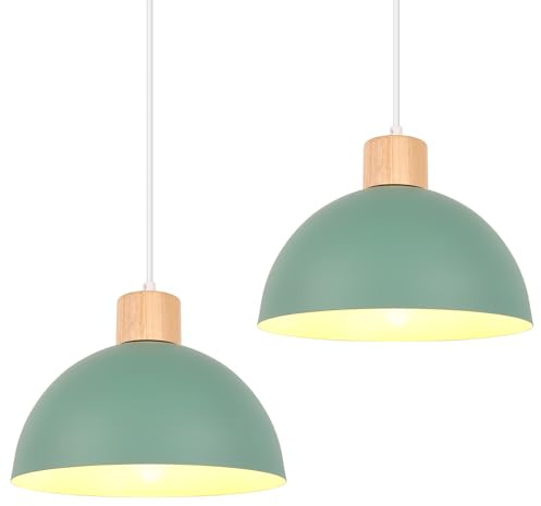 iDEGU 2 Stück Hängelampen Retro E27 LED Hängeleuchte Moderne Skandinavisch Deckenleuchte aus Metall Holz Pendelleuchte für Schlafzimmer Esszimmer Küche Restaurant (25cm, Grün, 2 Lampen)