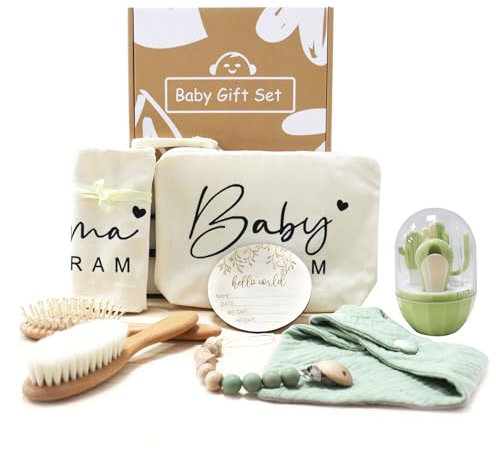 SHEGZHUC 8 in 1 Baby Geschenk Set Baby Erstausstattung Neugeborene Baby Nagelpflege Set Haarbürste Kamm Segeltuchbeutel Babylätzchen Schnullerclip Baby Meilensteinkarten Baby Pflegeset Neugeborene