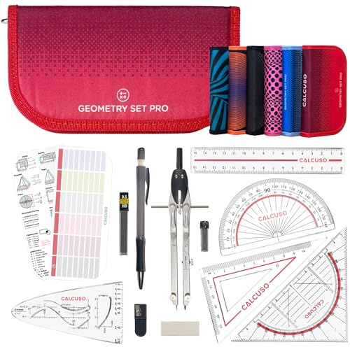 CALCUSO GEOMETRIE SET PRO in roter Federmappe/Federmäppchen mit Zirkel und Geodreieck - Praktisches Mäppchen für Schule, Uni, Büro und Zeichnungen - Ideal als Geometrie-Set für die Schule