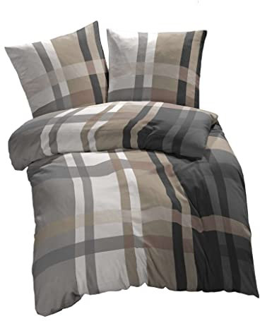 etérea Microfaser Bettwäsche 140x200 2er Set - Ganzjahres Bettbezug - Urban Check Kariert Bettwäsche-Set mit Kissen 140x200cm + 70x90 cm Kissen - Braun