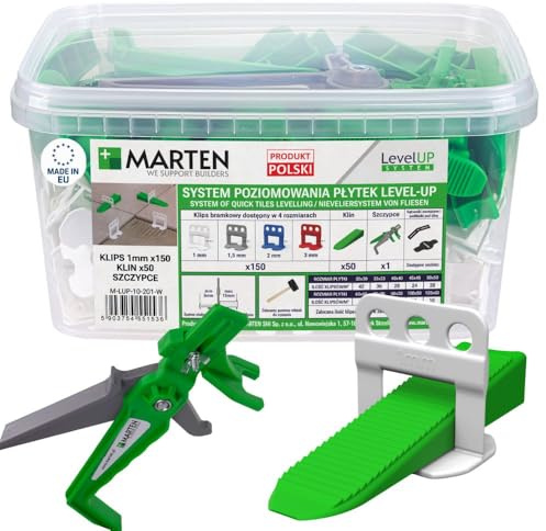 MARTEN Level Up - Set di sistemi di livellamento per piastrelle con linguette e cunei per piastrelle, set di base per fughe perfette da 1 a 3 mm, spessore piastrelle 5 – 15 mm, strumento per