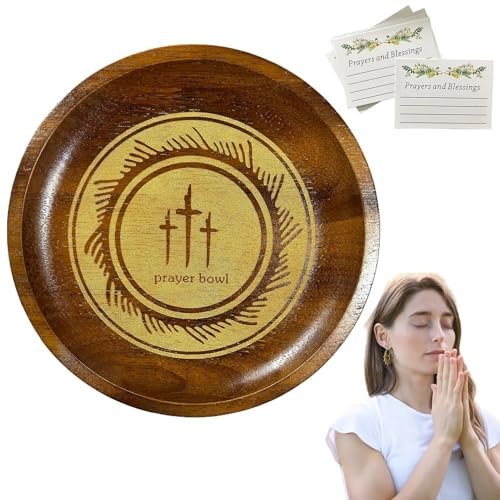Ciotola per preghiera in legno con 24 carte, ciotola per la benedizione rotonda con biglietto di preghiera, ciotola per preghiera in legno vintage con ciotola da offrire, decorazione per la preghiera