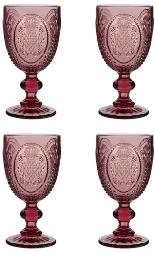 Wine Glasses Set of 4 Embossed Vintage Style Wine Goblet Glassware Set Dishwasher Safe Wine Glass Set Colourful Baroque Footed Wine Chalice Tumblers (Pink)