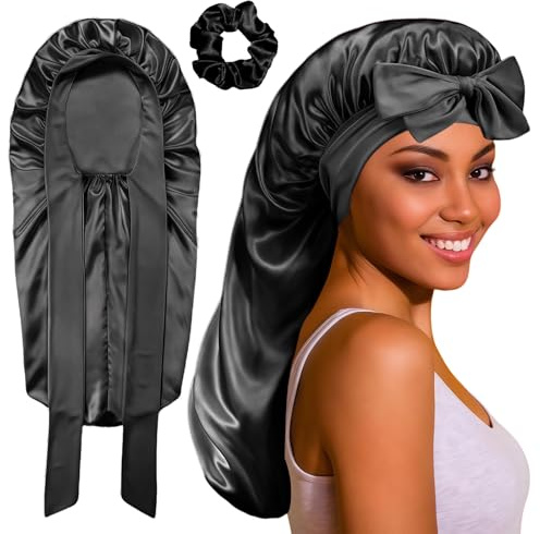 Waymaytecy 2 Pièces Bonnet Long en Satin pour Fille, Bonnet de Nuit en Soie Réglable, Noir, Idéal pour Cheveux Longs et Bouclés