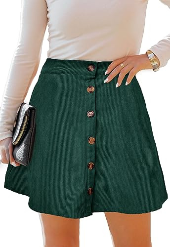 Alaster Queen Jupe mini en velours côtelé pour femme avec boutons devant, coupe A, vintage, plissée, avec poches, Vert, XL