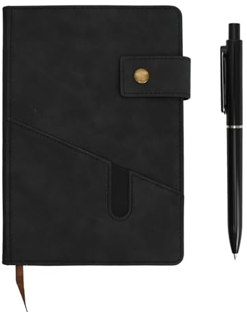 Godneei bloc notas A5 con bolígrafo, Cuaderno negro de piel con 100 hojas, Bloc de notas para journaling, Libreta A5 elegante para oficina, escuela y viajes
