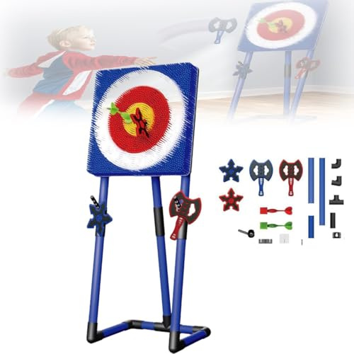 JLOZDM Set Jeu Lancer de Hache & Dard de Pelouse 3-en-1，Panneau Cible Sûr Pliant，Jeu Lancer avec Haches Dards，Amusement Famille Enfants Adultes Intérieur/Extérieur(Blue,Square)
