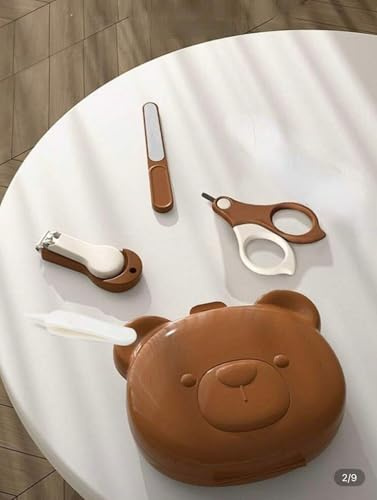 Paquete de 4 Juego de Cuidado de Uñas para Bebés, Set Cuidado Bebe Recien Nacido con Clippers Tijeras Lima Pinzas para Bebés Recién Nacidos (Oso Marron)