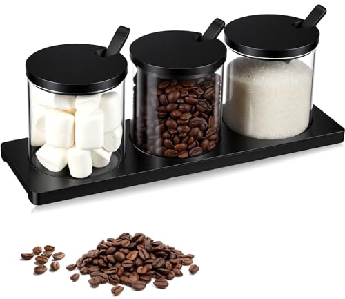 Willinglong 3 Pcs Coffee Bar Accessories Set Glass Condiment Jars with Wooden Lids Spoons Spice Jar with Tray Sugar Tea Containers for Coffee Station Organizer(Classic,Black,10.24 X 3.94 X 3.74)