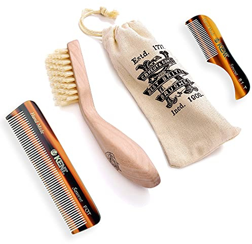 Kent Beard & Mustache Grooming Kit Includes BRD2 White Boar Bristle Beard Brush, 81T Handmade Sawcut Comb, and FOT Fine Tooth Beard Comb for Men’s Care