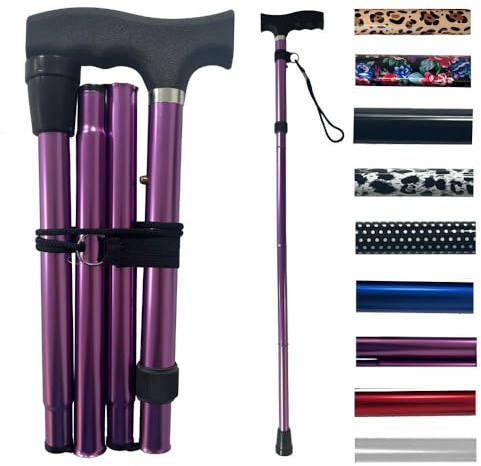 Life Healthcare Folding Walking Stick–Adjustable Height Lightweight Aluminium Cane for Elderly Disabled Men & Women–Non-Slip Rubber Tip Ergonomic Handle & Travel-Friendly Design (Purple)