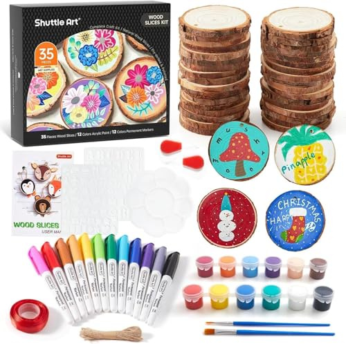 Shuttle Art 69 Pack Natural Wood Slices Kit, 35 PCS 6-7cm Unfinished Wooden Slices with Predrilled Hole, Acrylic Paint, Permanent Markers, Wooden Circles for DIY Crafts, Christmas Decoration Ornaments