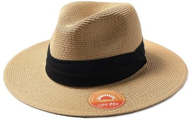 FURTALK Panama Hat Sun Hats for Women Men Wide Brim Fedora Straw Beach Hat UV UPF 80+ Khaki