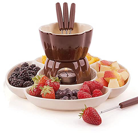 Braceletlxy Créativité Chocolat Fondue Maker, Pot de Fonte au Chocolat Ensemble avec Bol en céramique, Plateau de Service de fête, 4 fourches en Acier, pour Le Fromage Tapas Fondue